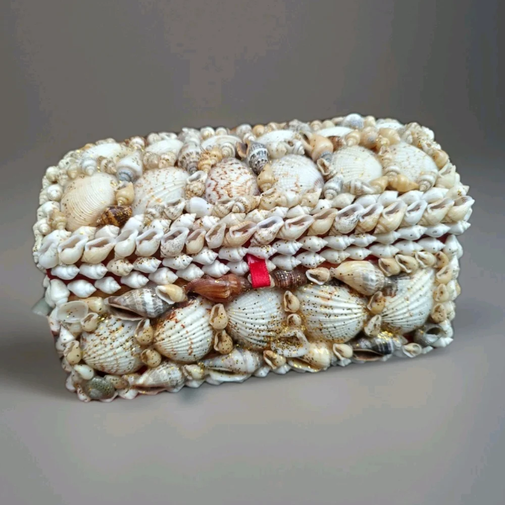 Vtg Sailor’s Glittery Valentine Shell Art Jewelry Trinket Box Red Lining/Bottom